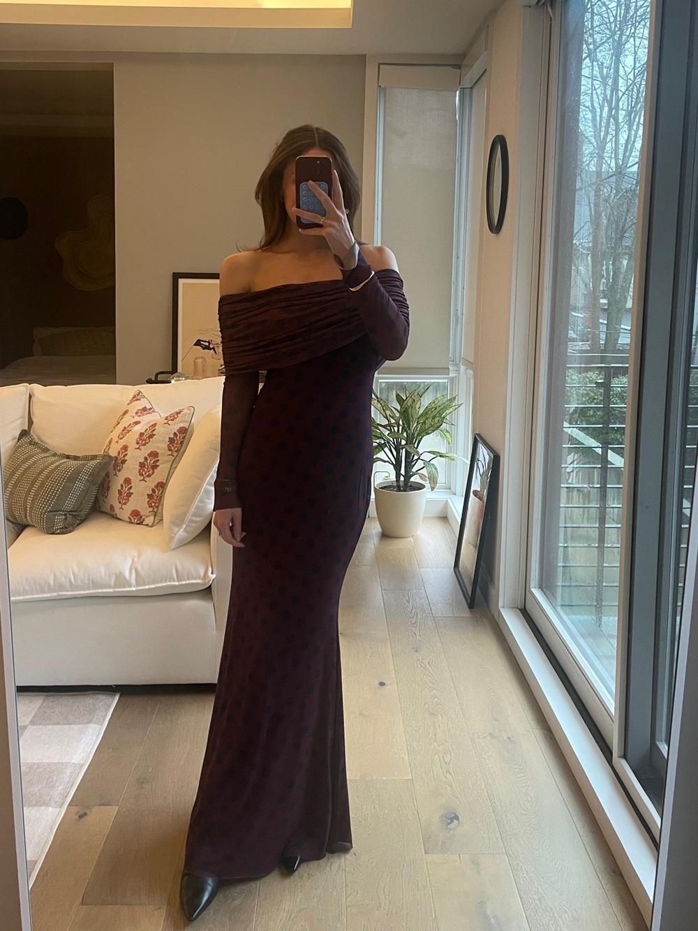 Off-Shoulder Burgundy Polka Dot Maxi Dress